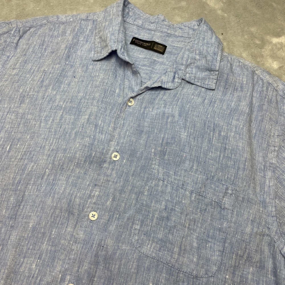 Cotton World Mens 100% Linen Shirt Size XL Blue Short Sleeve Button Up Summer